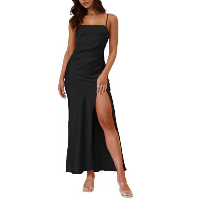 Women Satin Maxi Dress Adjustable Strap Ruched High Slit Evening Gown, Black, S | Target