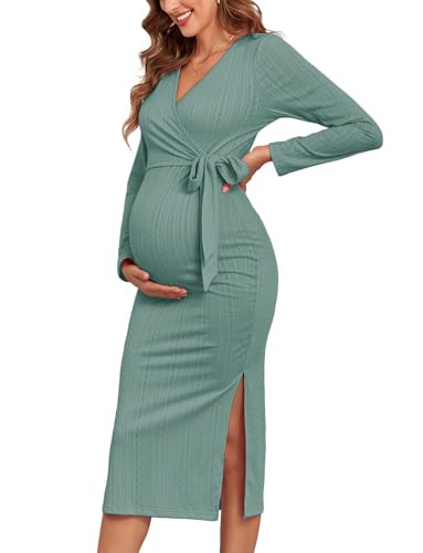 AISWI 2024 Fall Rib Knit Maternity Nursing Dress Knot Side Long Sleeve V Neck Bodycon Wrap Pregnancy Split Dresses, Ice Green, X-Large | Amazon (US)