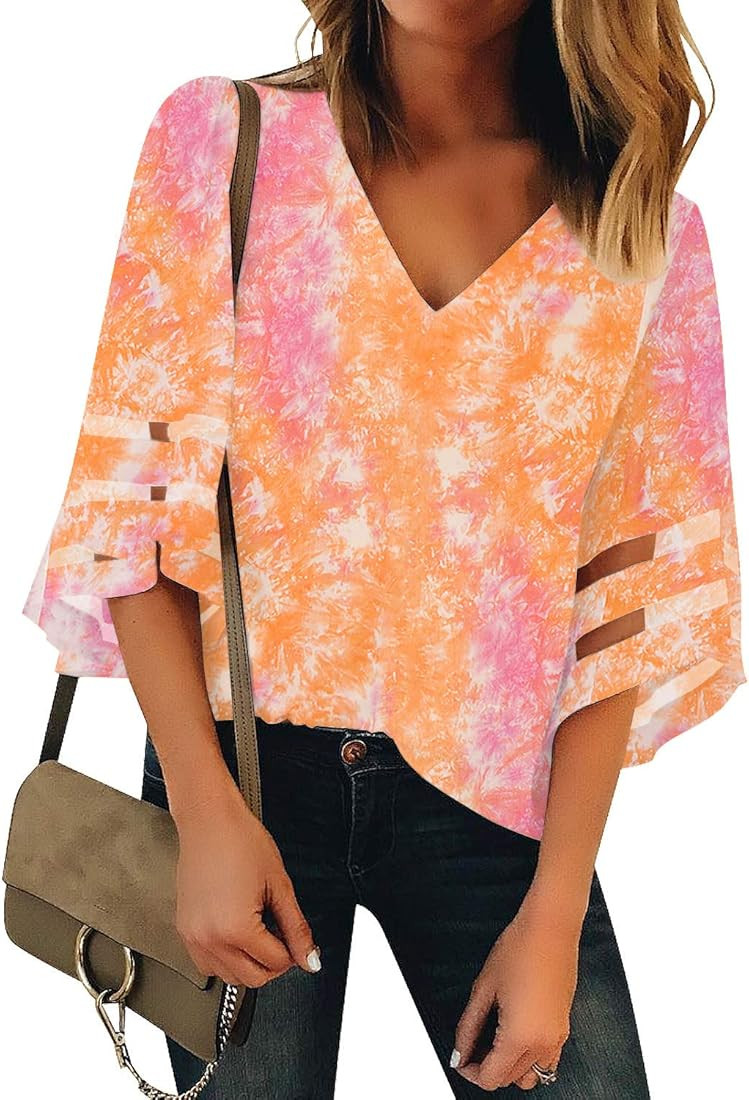 luvamia Women's Casual V Neck Blouse 3/4 Bell Sleeve Mesh Panel Shirts Loose Top | Amazon (US)