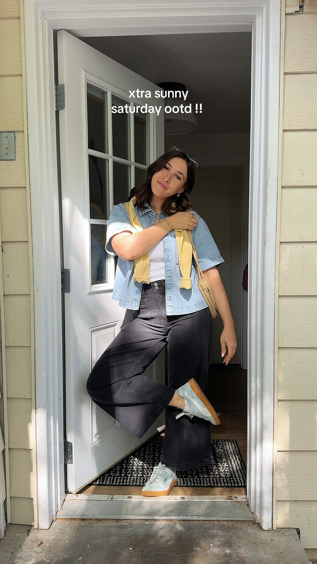 sunny Saturday ootd! Up to 50% off Gap right now | black jeans, baggy jeans, wide jeans, colorful sneakers, puma sneakers, denim shirt, denim top, cool girl outfit, Gap sale 

#LTKSeasonal #LTKSaleAlert #LTKOver40