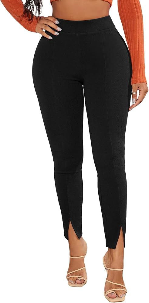 Floerns Women's Elastic High Waist Legging Pants Split Hem Elegant Skinny Trousers | Amazon (US)