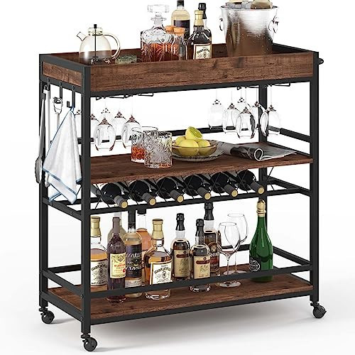 BON AUGURE Bar Cart for The Home, Rolling Home Bar Serving Cart on Wheels, 3 Tier Liquor Beverage Carts with Wine Rack and Glass Holder (Rustic Oak) | Amazon (US)