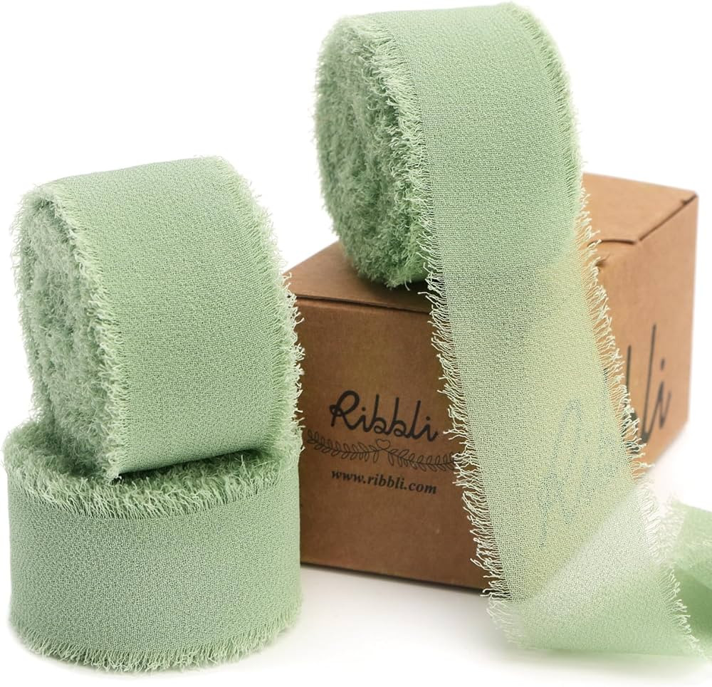 Ribbli Sage Green Ribbon 1 Inch x 3 Rolls Total 24 Yards Green Handmade Fringe Chiffon Silk Ribbo... | Amazon (US)