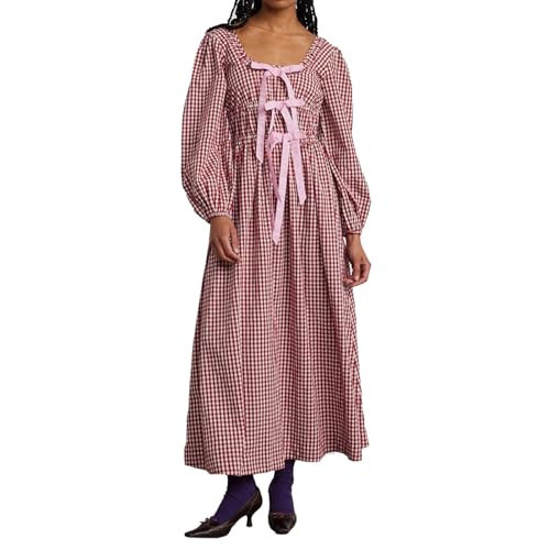 ABYOVRT Women Plaid Maxi Dress Long Puff Sleeve Square Neck Flowy Boho Dress Bow Tie Smocked Fall Dresses (Red a,M) | Amazon (US)