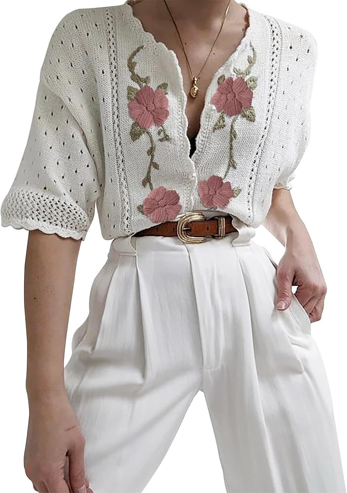 Round Neck Cardigan Jacket, Short Sleeved Sweater, lace Embroidery Casual Commuting Style | Amazon (US)