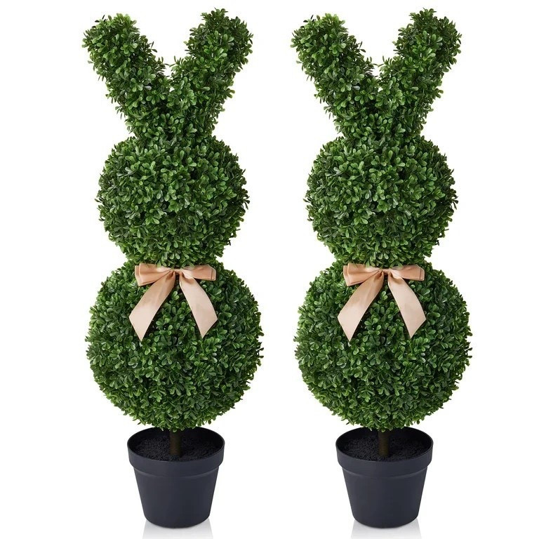 A 2-pack of 36-inch artificial boxwood Easter bunny topiaries in green, perfect for spring outdoor or indoor decor. On sale now at Walmart. 

#LTKSeasonal #LTKHome #LTKSaleAlert