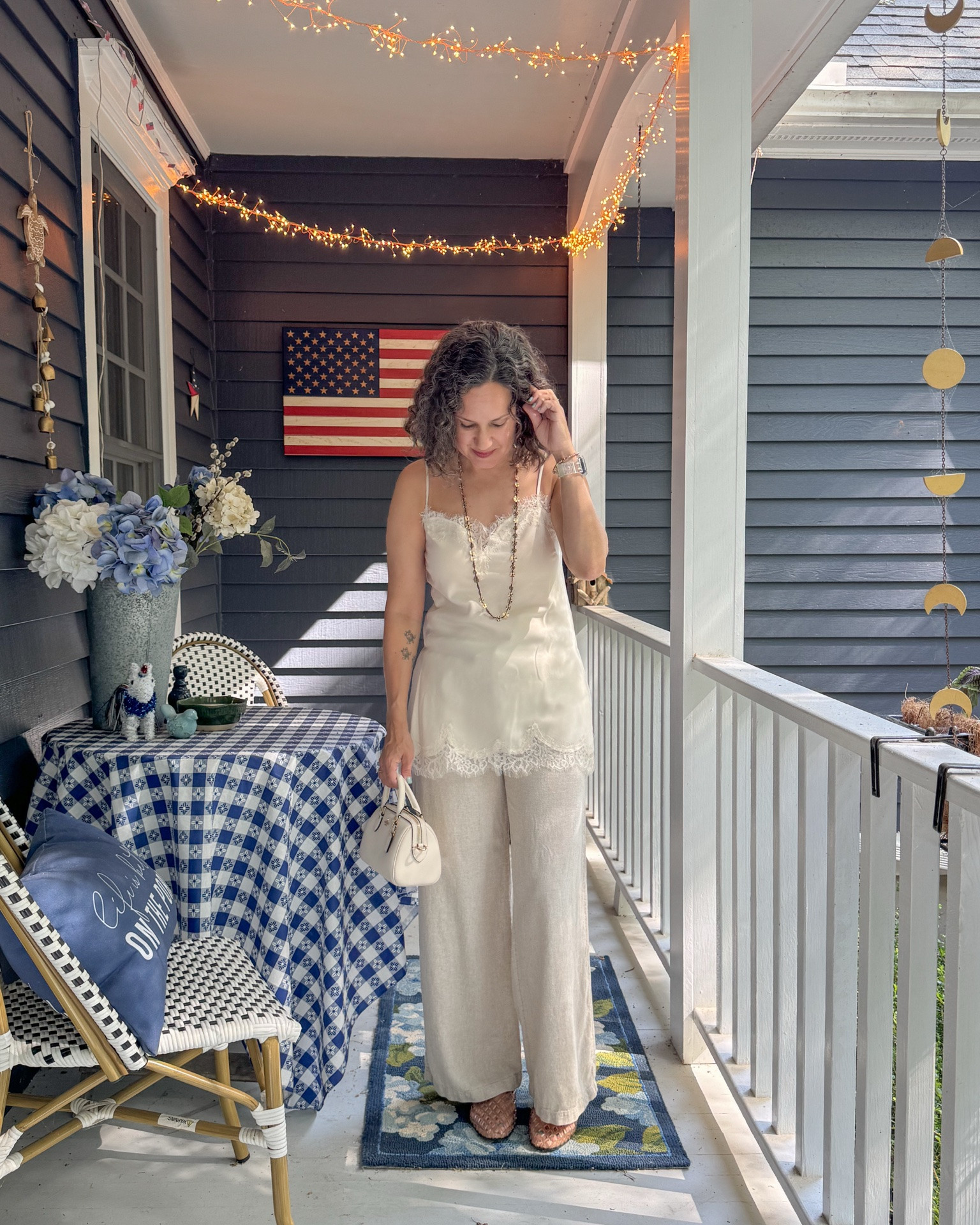 Two more ways to style this lace trimmed tank from the Nordstrom Anniversary sale. A monochrome look with linen pants and a casual summer look with black shorts and flip flops.

#LTKOver40 #LTKSaleAlert #LTKSeasonal