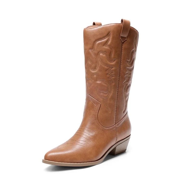 DREAM PAIRS Women's Mid-Calf White Western Cowboy Boots Classic Embroidered Cowgirl Boots | Walmart (US)