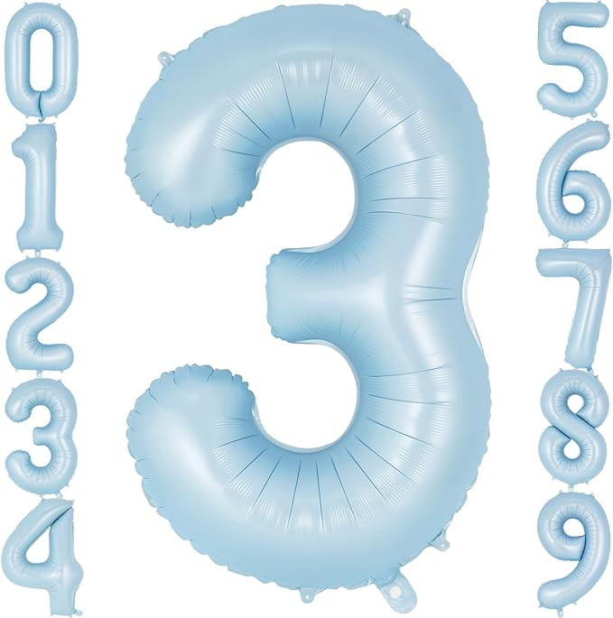 Light Blue Number 3 Balloon, 40 Inch Big Large Foil Number Balloons, Giant Mylar Number 3 Balloon... | Amazon (US)