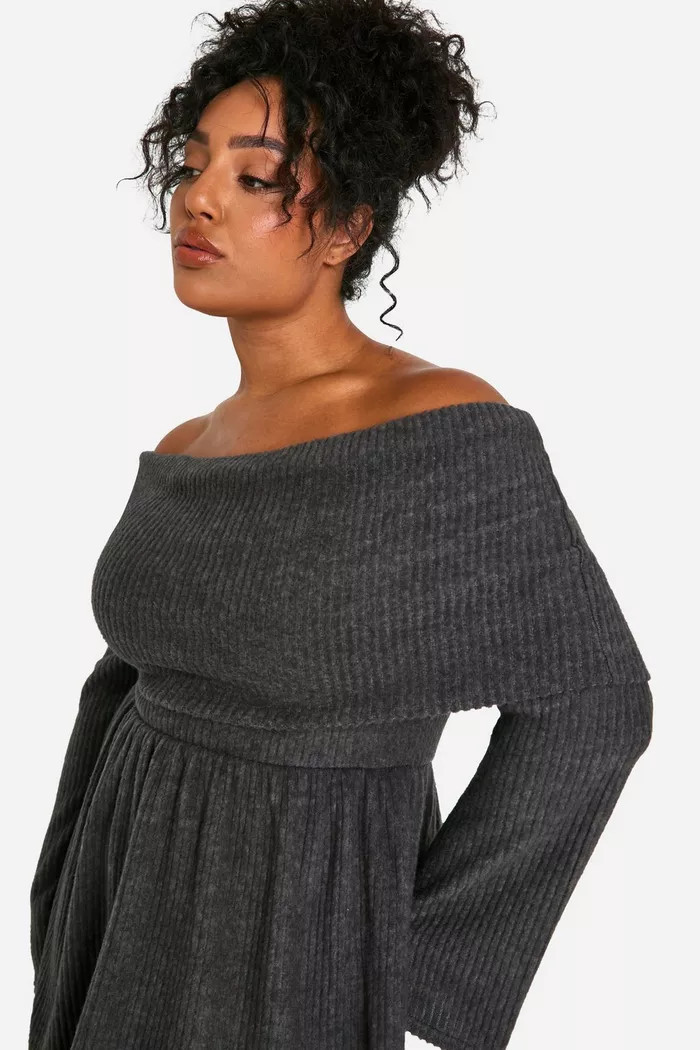 Plus Brushed Rib Off Shoulder Skater Dress | boohoo (US & Canada)
