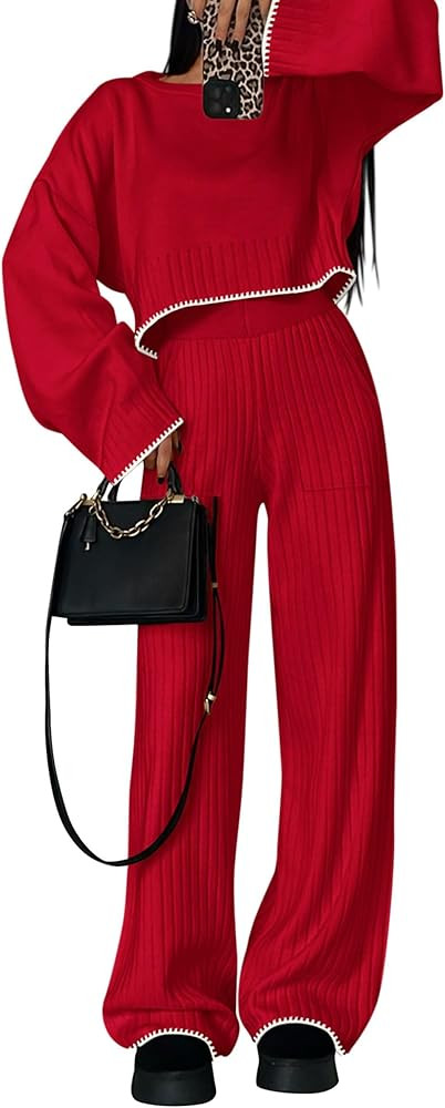 PRETTYGARDEN Women's 2 Piece Fall Outfits Long Sleeve Crop Top Wide Leg Pants Knit Pullover Sweat... | Amazon (US)