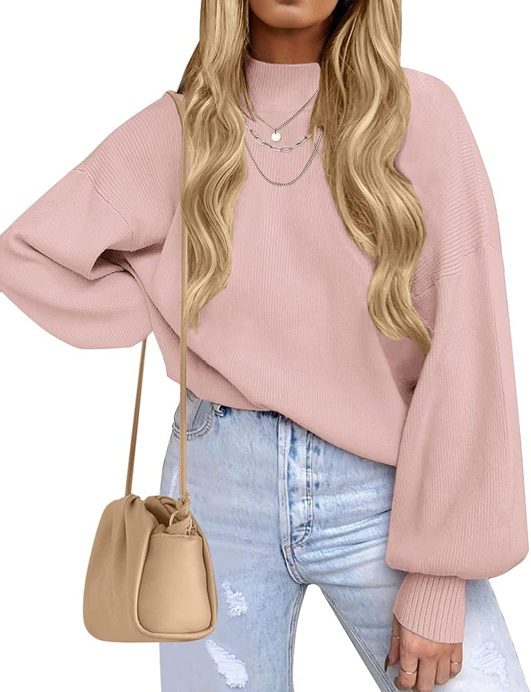 ZESICA Women's 2023 Casual Turtleneck Long Lantern Sleeve Oversized Ribbed Knit Pullover Sweater ... | Amazon (US)