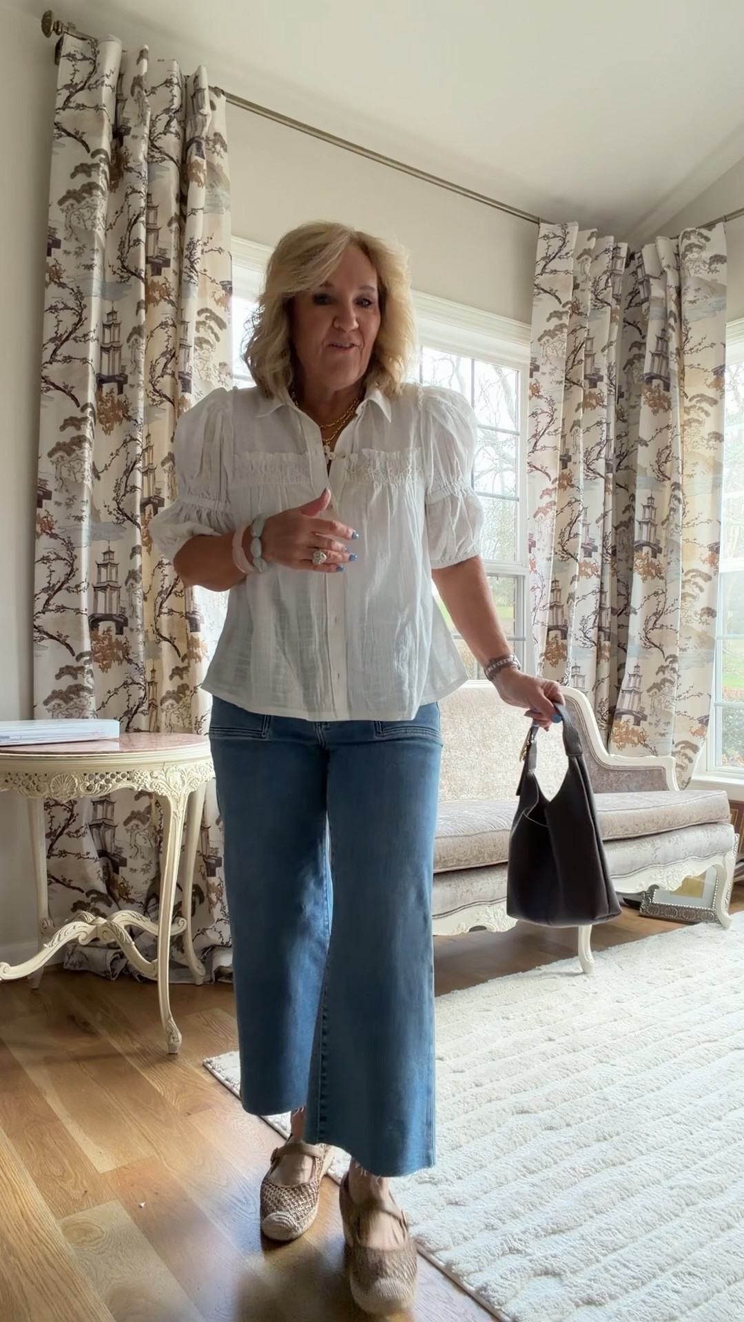 20% off Anthropologie with code NANETTE20
This blouse is a must grab. Wear it tucked in or untucked. Elbow length sleeves that so many ask for. I'm wearing a medium.
My cropped jeans are premium denim also 20% off. Wearing a 29 petite for a true ankle length. They grip you and hold you but move with you.  
The little mini tote is so cute avail in several colors. 
Espadrille mary janes are true to size. 

 

#LTKOver40 #LTKSaleAlert #LTKspring