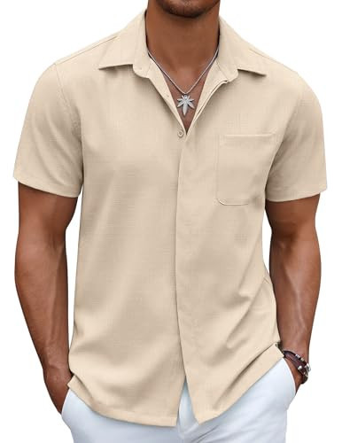 COOFANDY Mens Linen Shirt Casual Short Sleeve Button Down Shirt for Men Summer Beach Vacation Wedding Wear Beige | Amazon (US)