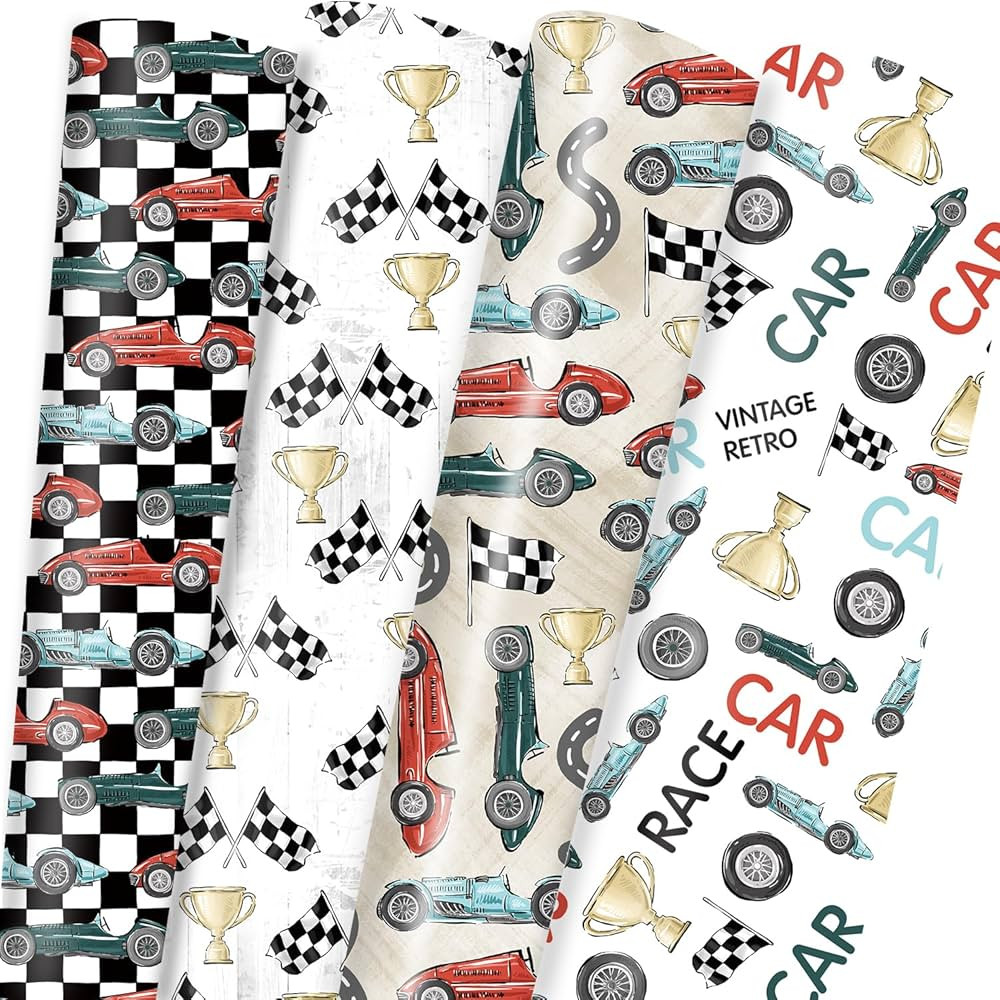 Vnaaem 8 Pc Race Car Wrapping Paper - Birthday Wrapping Paper for Kids Boys - Vintage Retro Car G... | Amazon (US)