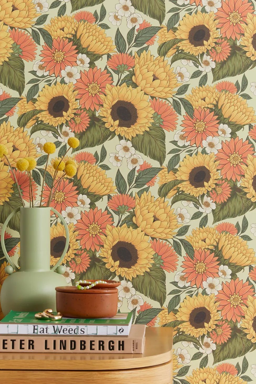 Avenie Sunflower Meadow Calm Green Removable Wallpaper | Urban Outfitters (US and RoW)