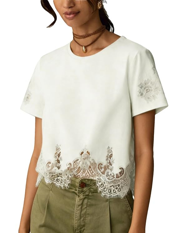 Women's Cropped Lace Tops Short Sleeve Crew Neck Blouse Lace Trim Casual Loose Summer T Shirt | Amazon (US)