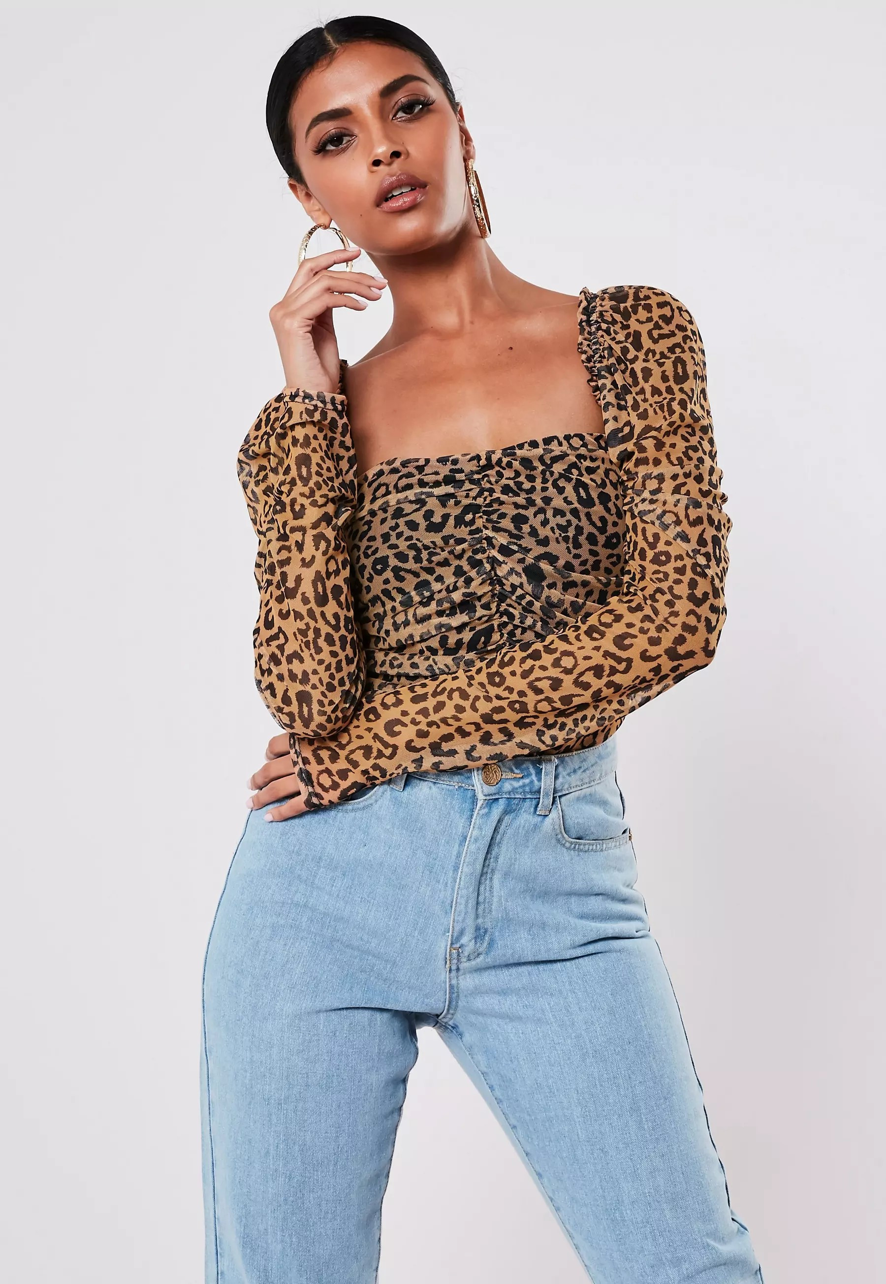Brown Leopard Mesh Ruched Milkmaid Top | Missguided (US & CA)
