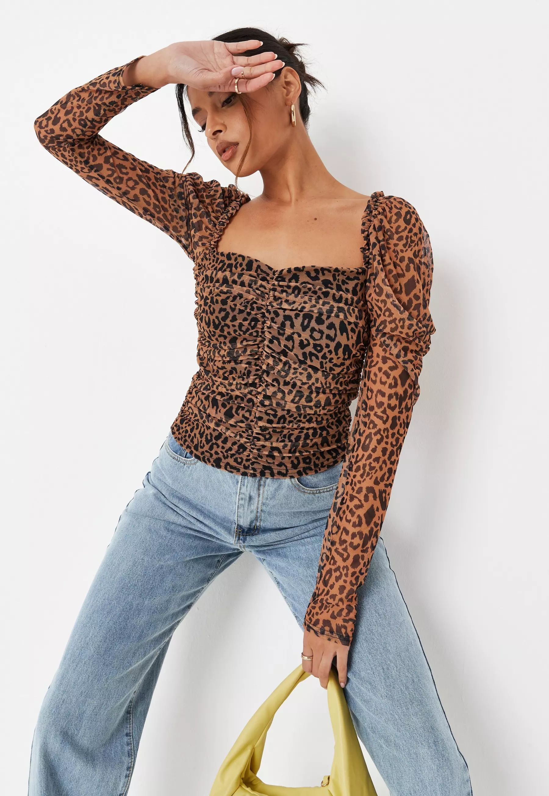 Brown Leopard Mesh Ruched Milkmaid Top | Missguided (US & CA)