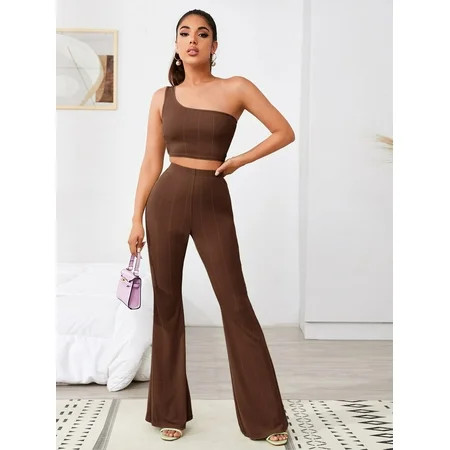 Women s One Shoulder Slim Crop Top Flare Pants Set 2022 Chocolate Brown Casual A046W | Walmart (US)
