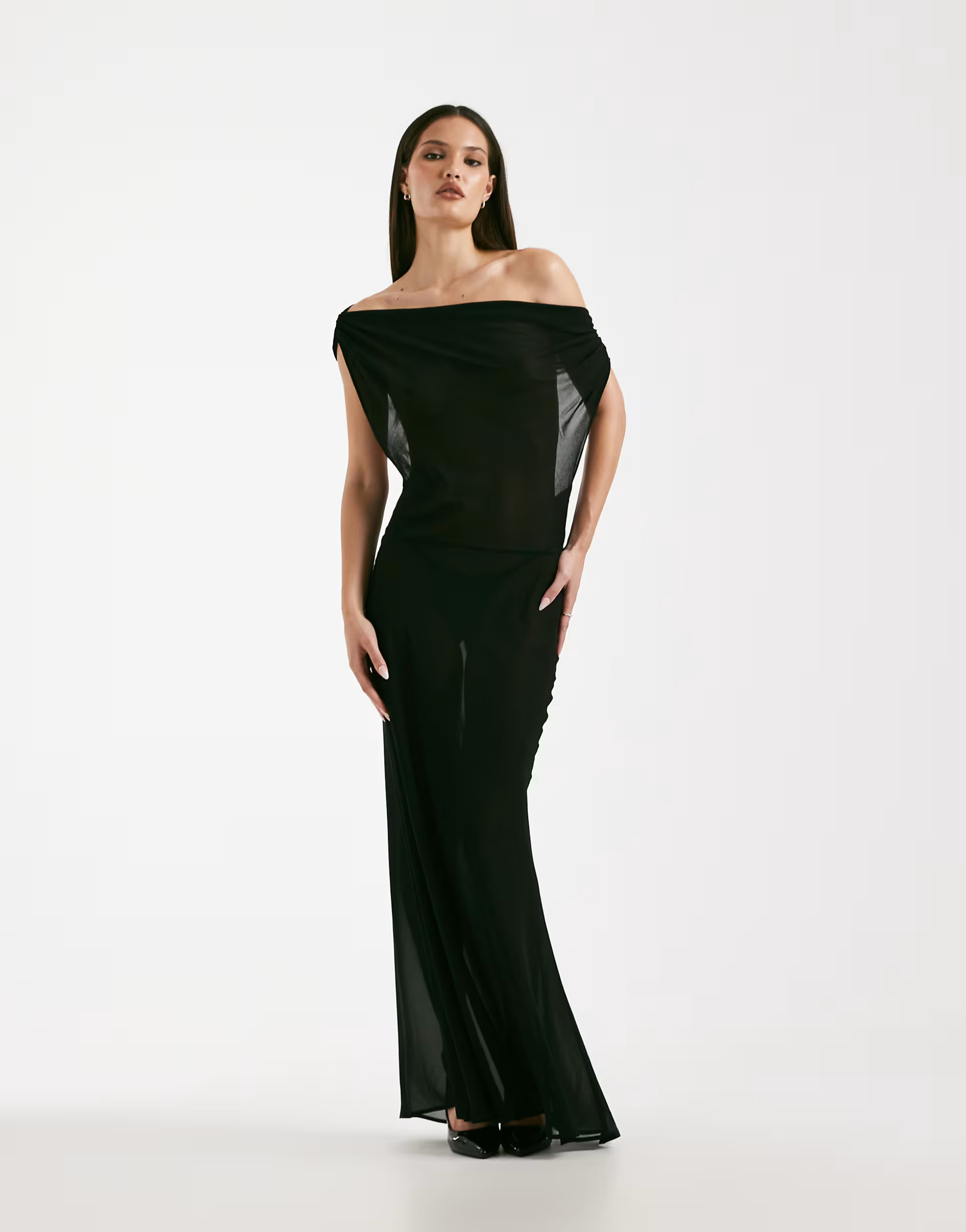 I.AM.GIA Kahlo chiffon sheer off-shoulder open back tie detail maxi dress in black | ASOS (Global)