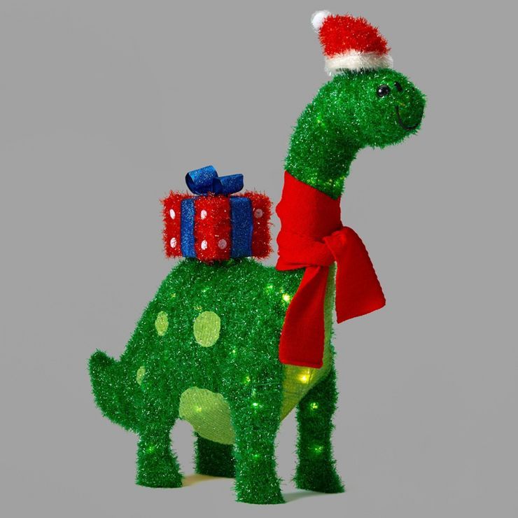 27.5in Incandescent Tinsel Brontosaurus with Scarf & Gift Box Christmas Novelty Sculpture - Wonde... | Target
