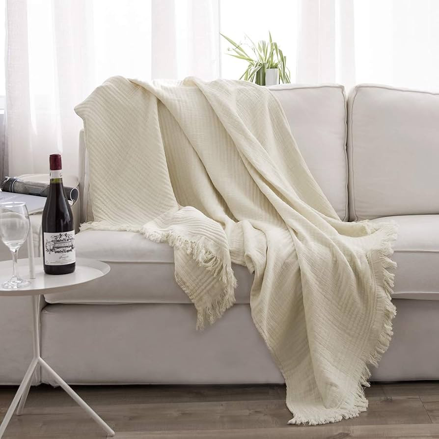 Simple&Opulence Cotton Muslin Throw Blanket for Bed, Couch, Knit Woven Gauze Blanket with Tassels... | Amazon (US)