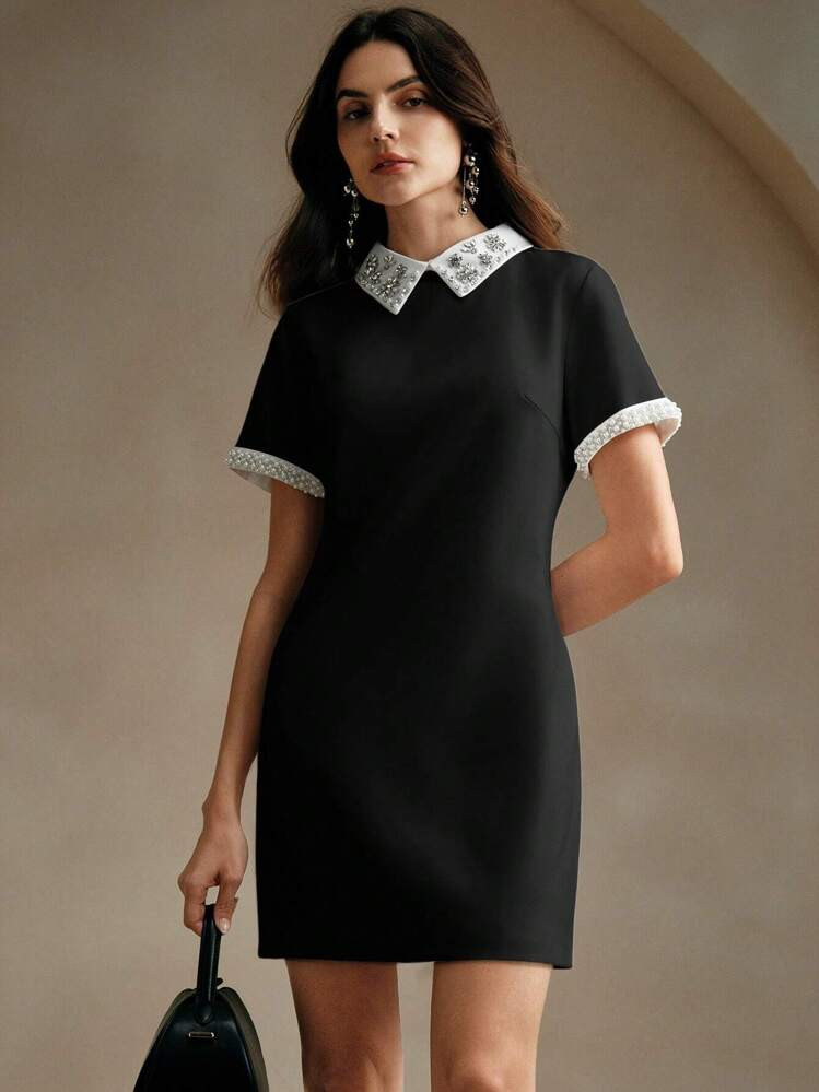 Anewsta Vestido Elegante De Verão Com Blocos De Cores Contrastantes E Decorado Com Tachas | SHEIN