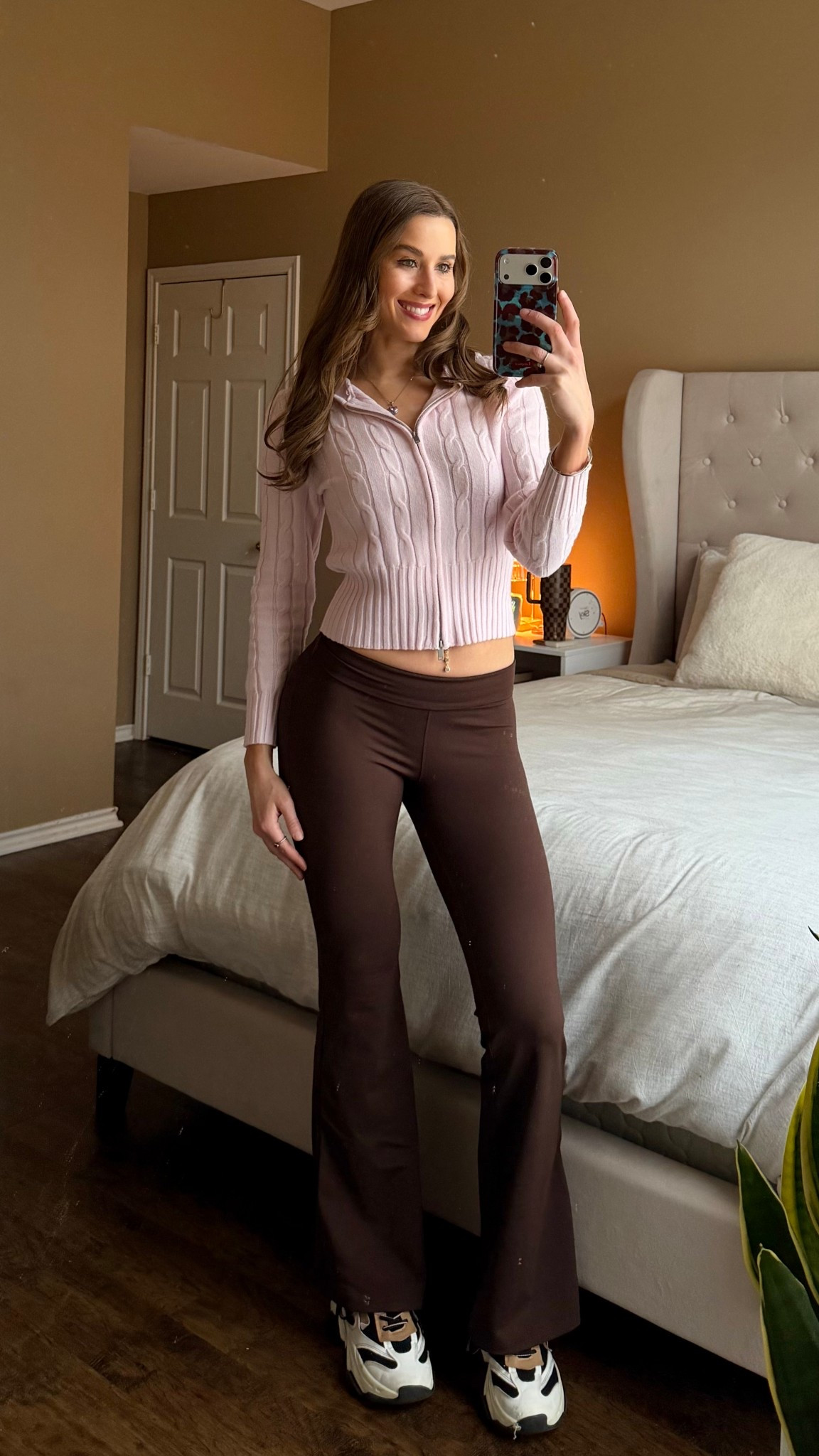 Movie night outfit. Cozy loungewear. Brown flare leggings. Pink zip up sweater.

#LTKActive #LTKootd #LTKTall