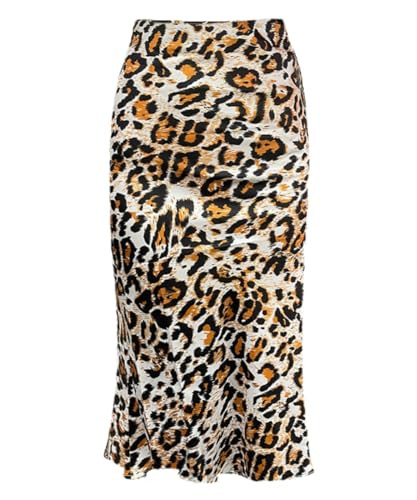 Leopard Silk Skirts for Women Summer High Waist Midi Length Skirts Casual Trendy Animal Print Satin A Line Skirts(Leopard XS) | Amazon (US)