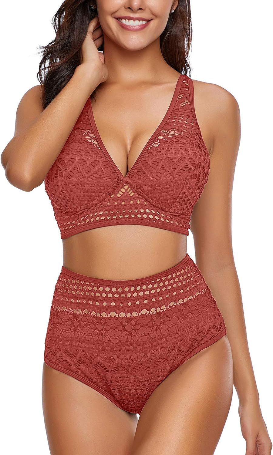 Women's Two Pieces Crochet Lace High Waist V Neck Bikini Set Swimsuit | Amazon (US)