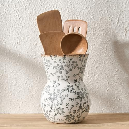 JIEMEI HOME Kitchen Utensil Holder, 7.56" Ceramic Large Rustic Utensil Crock for Countertop, Farmhouse Cooking Tool Organizer, Spatula Holder For Kitchen Decor, Gray Floral | Amazon (US)