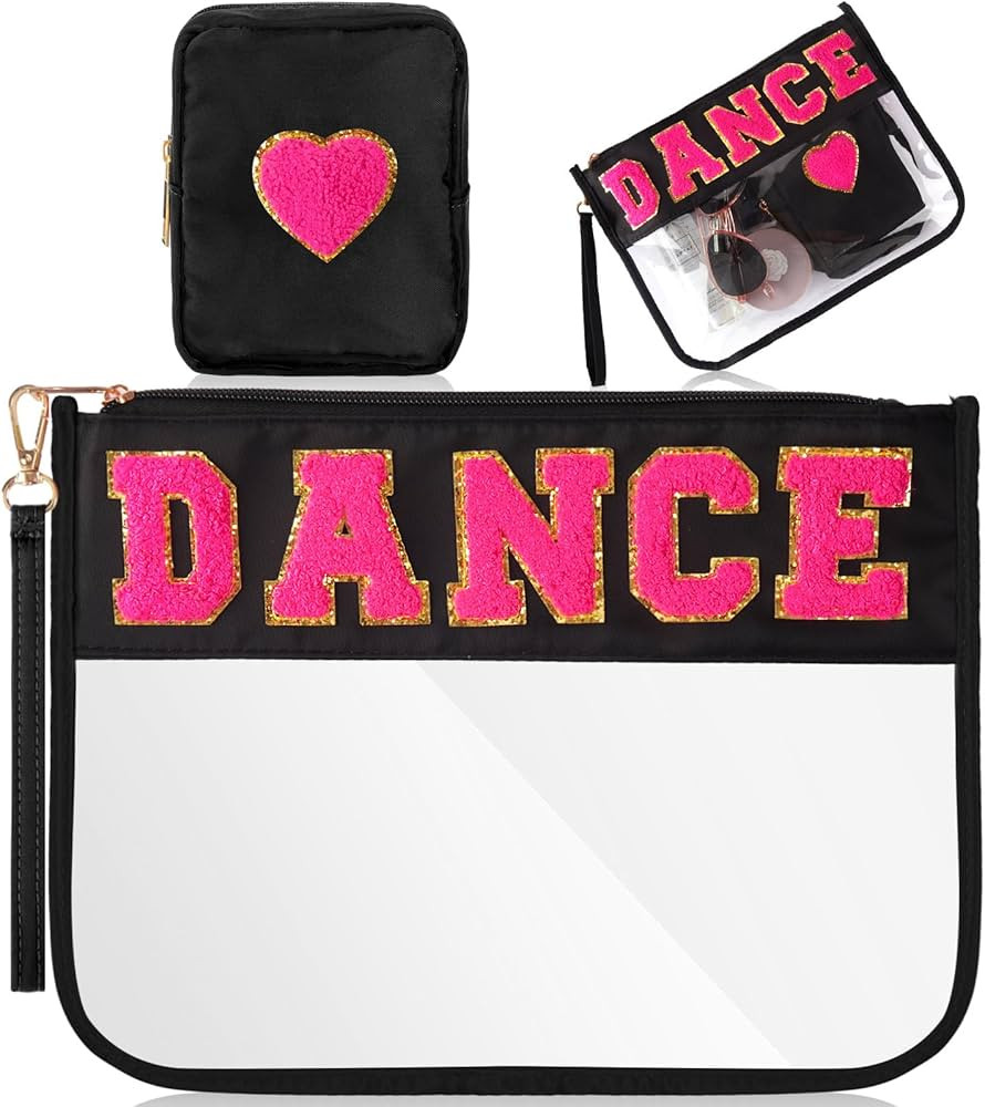 Hillban 2 Pcs Dance Gifts Chenille Letter Bags Preppy Patch Makeup Bag Flat Clear Pouch Nylon PVC... | Amazon (US)