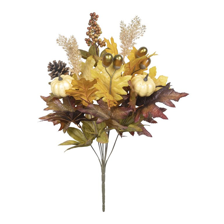 22" Artificial Silk Cream & Brown Pumpkin & Pine Cone Mixed Greenery Fall Bush, by Mainstays | Walmart (US)