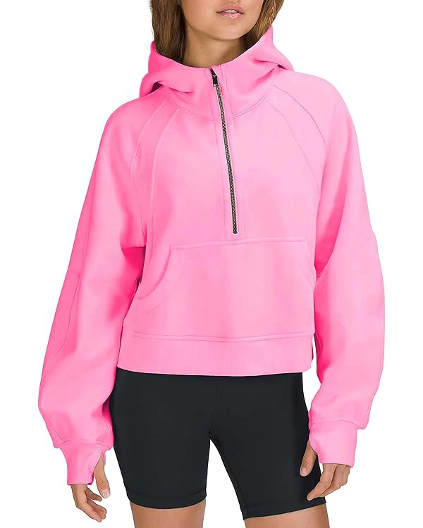 LAMOER Womens Hoodie Pullover Sweatshirts Peachskin Velvet Half-Zip Crop Hooded Fleece Lined Coll... | Amazon (US)