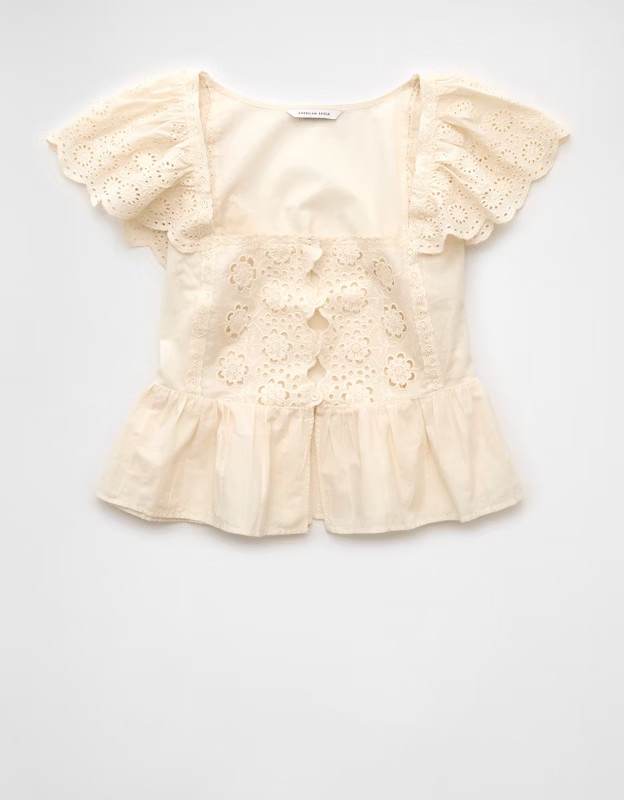 AE Cap Sleeve Eyelet Blouse | American Eagle Outfitters (US & CA)
