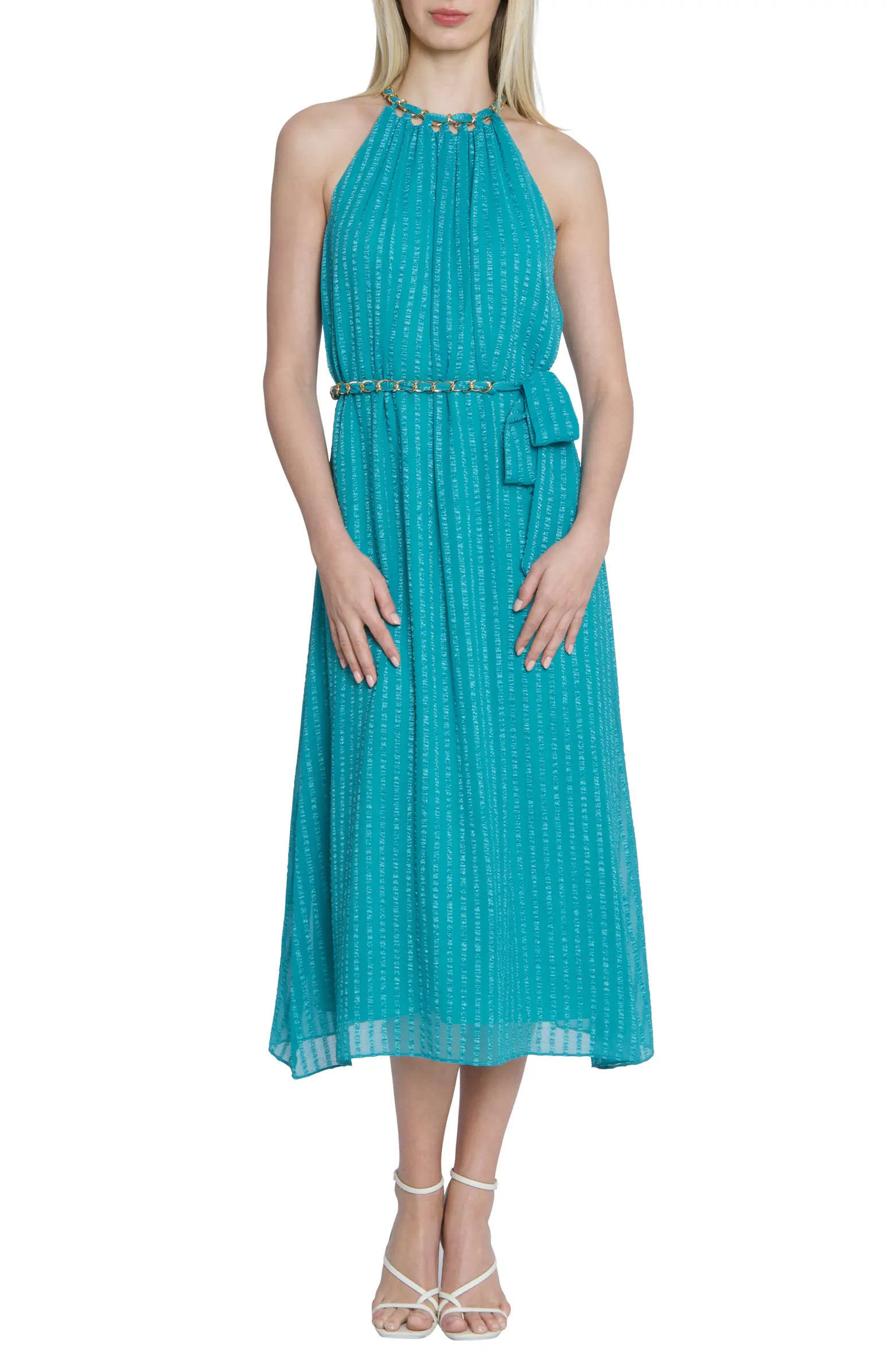 Maggy London Chain Trim Metallic Stripe Sleeveless Midi Dress | Nordstrom | Nordstrom
