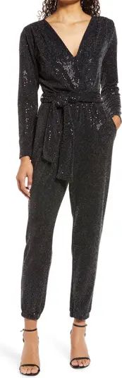 Sequin Tie Waist Long Sleeve Jumpsuit | Nordstrom