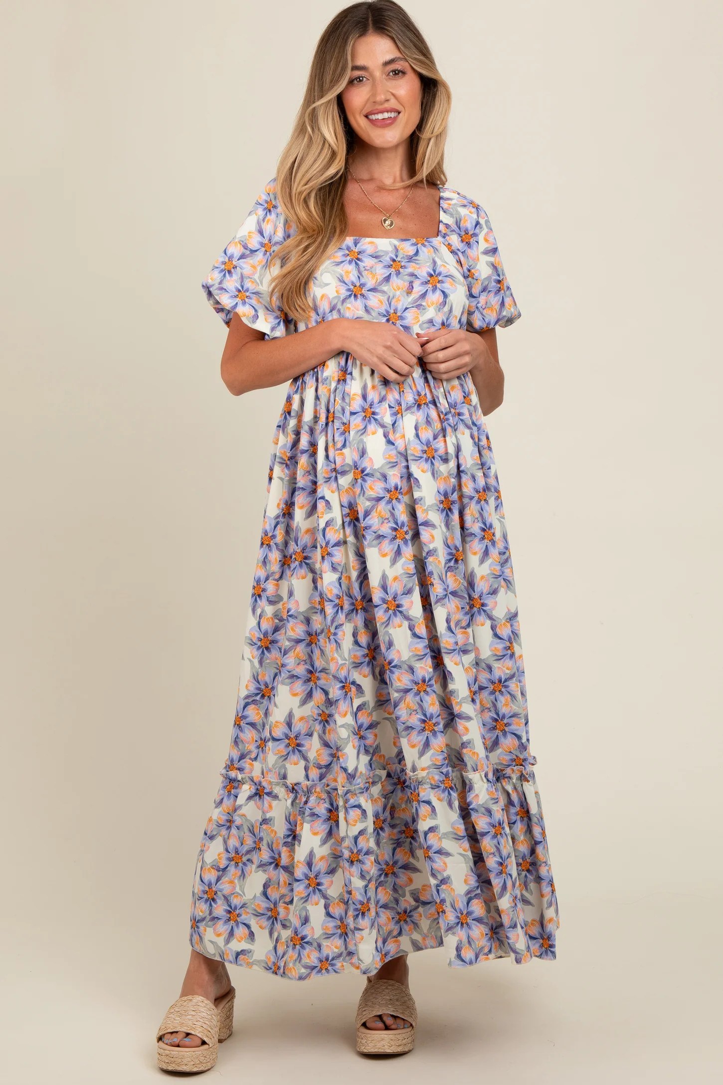 Blue Floral Ruffle Accent Maternity Maxi Dress | PinkBlush Maternity