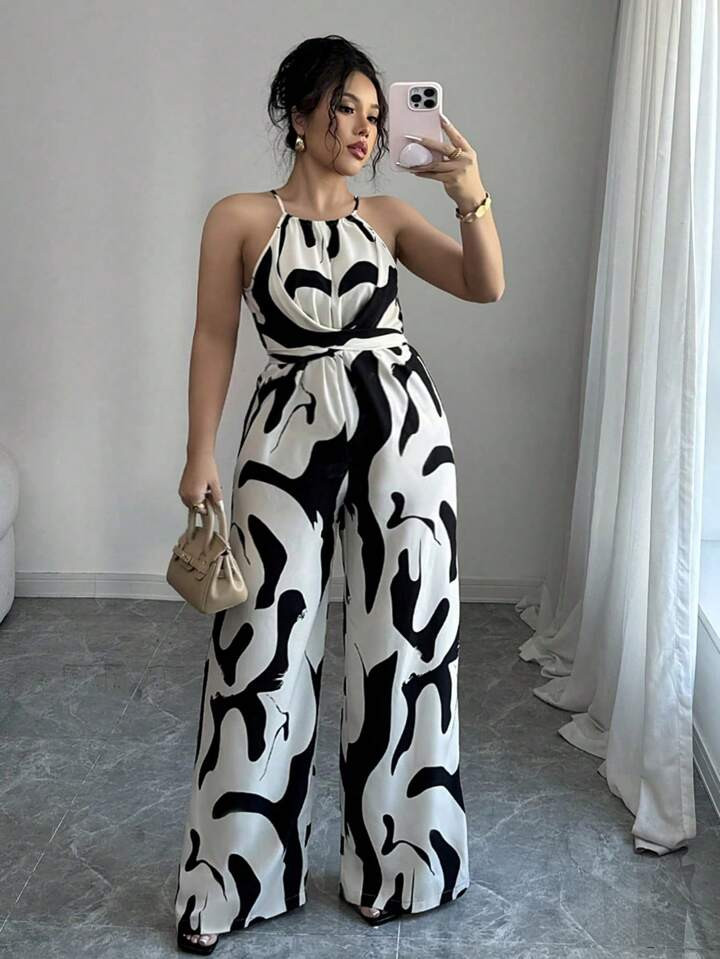 Elenzga Plus Size Women's Print Fabric Waist-Cinched Halter Jumpsuit, Elegant For Holiday And Eve... | SHEIN