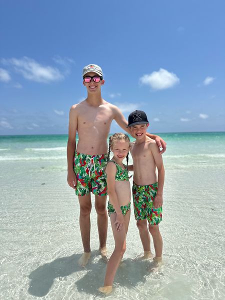 Matching kids swimsuits! 
Sawyer: size 29 waist, wearing a men’s XS 
Colt: 9 years old, wearing a youth medium 
Blair: 7 years old, wearing a small 

#LTKKids #LTKSwim #LTKFamily