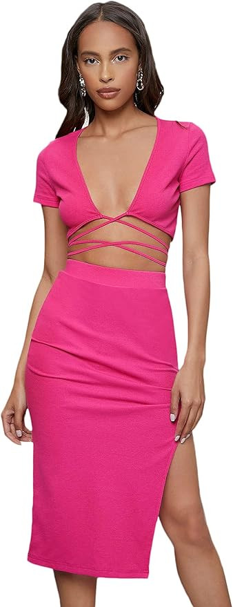 Floerns Women's 2 Piece Outfit Crisscross Tie Back Crop Top Split Hem Skirt Set | Amazon (US)