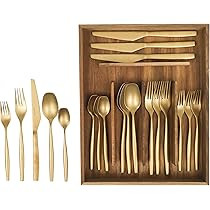 Bloomhouse - Two Time Oprah's Favorite Things Winner - 20 Piece Stone Washed Gold Flatware 18/10 Stainless Steel Silverware Cutlery Utensil Set With Acacia Wood Caddy - Service for 4 | Amazon (US)