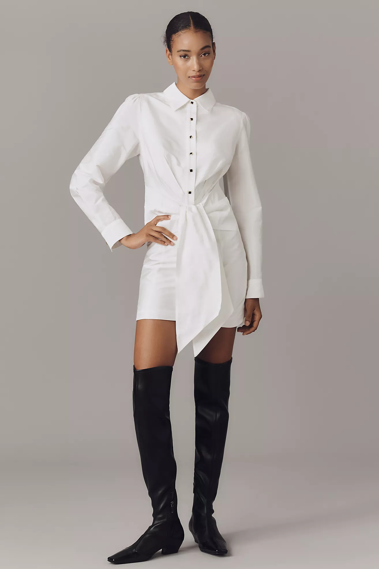 By Anthropologie Long-Sleeve Tie-Front Mini Shirt Dress | Anthropologie (US)