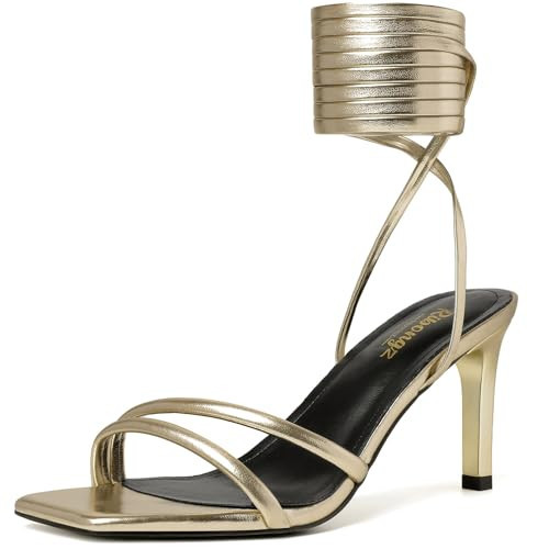 RIBONGZ Gold Strappy Heels for Women Lace Up Kitten Heeled Sandals Tie Up Square Open Toe Stiletto High Heel Wrap Around Ankle Strap Heels Sexy Wedding Prom Comfortable Dressy Shoes 10 | Amazon (US)