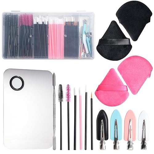 BS-MALL Disposable Makeup Tools: Mascara Brush, Lip Brush, Eyeliner Brush, Seamless Hair Clips, and 4 Triangular Powder Puffs | Amazon (US)