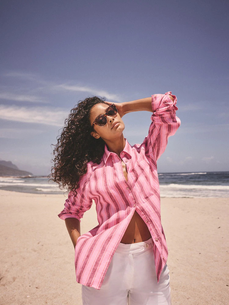 Buy Pink/Brown Stripe 100% Linen Button Down Relaxed Long Sleeve Shirt from Next Australia | Next AU