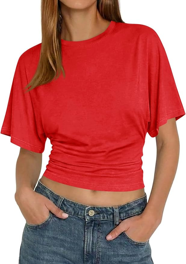 Tankaneo Womens Summer Short Sleeve Crop Tops Waisted Going Out Trendy Casual Loose Fit Basic Tee... | Amazon (US)