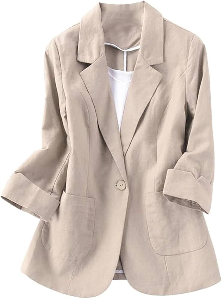Cotton Linen Blazer for Womens Casual 3/4 Sleeve Open Front Linen Jackets | Amazon (US)
