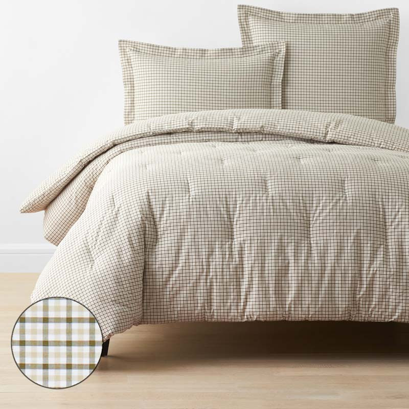 Classic Stripes and Plaids Cool Yarn-Dyed Cotton Percale Comforter - Mini Check Green, Twin/Twin ... | The Company Store